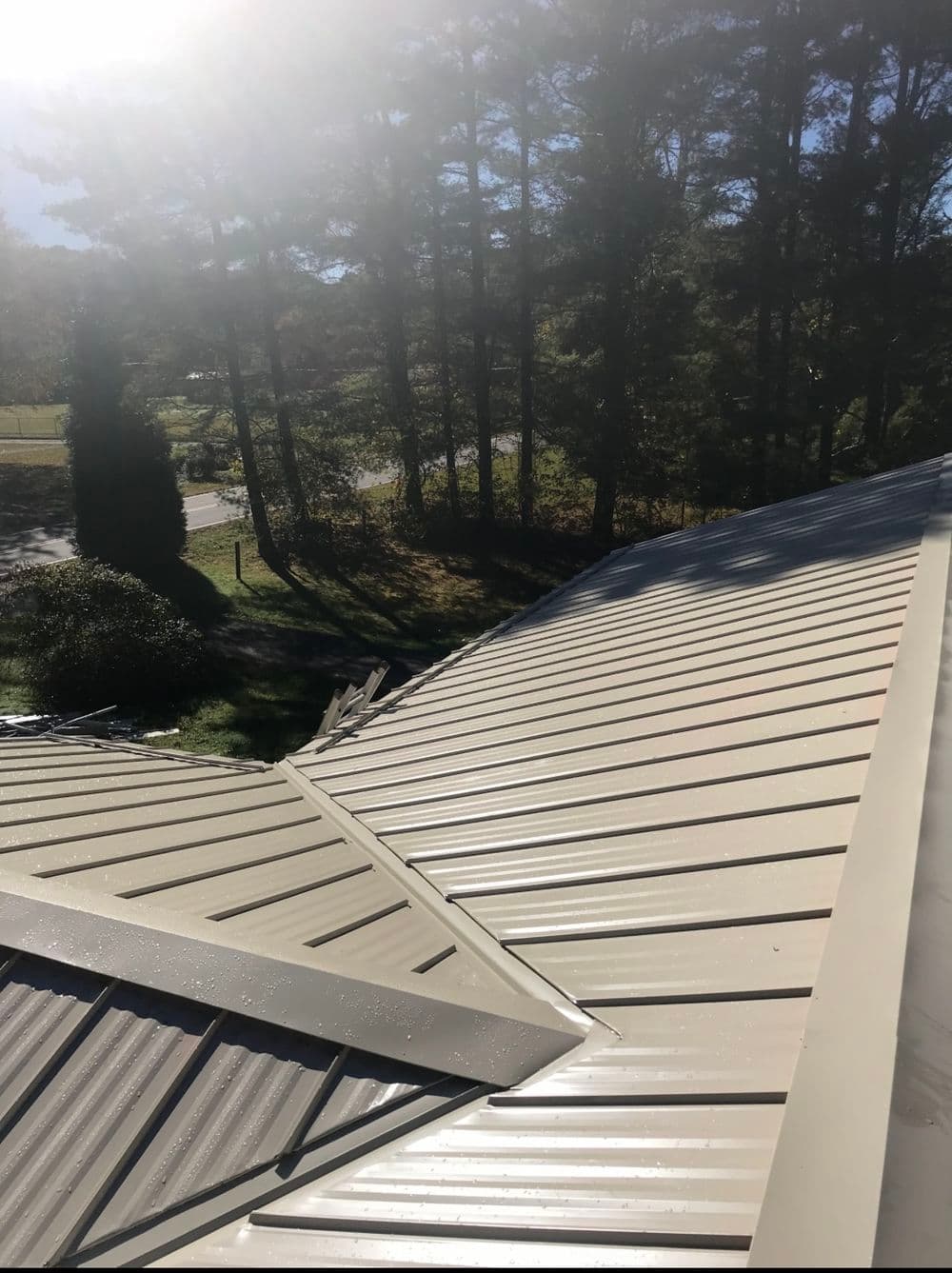 Metal roof with sunlight reflecting, surrounded by trees and a clear blue sky.